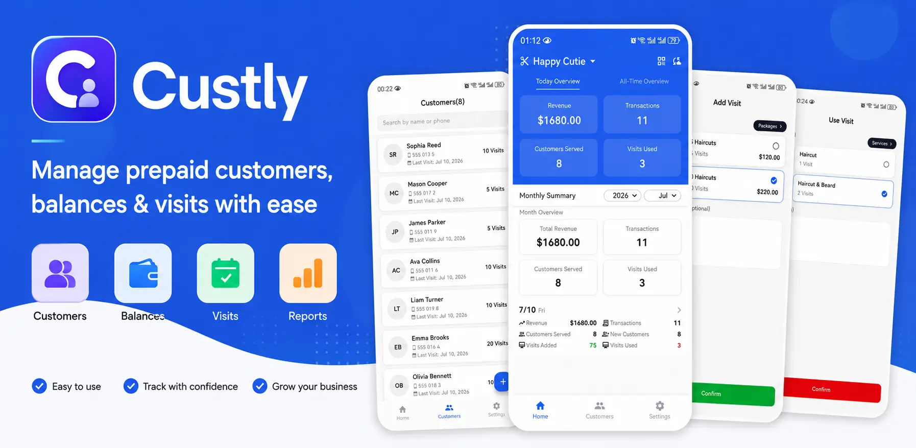 Custly app banner showing prepaid customer and balance tracking workflow